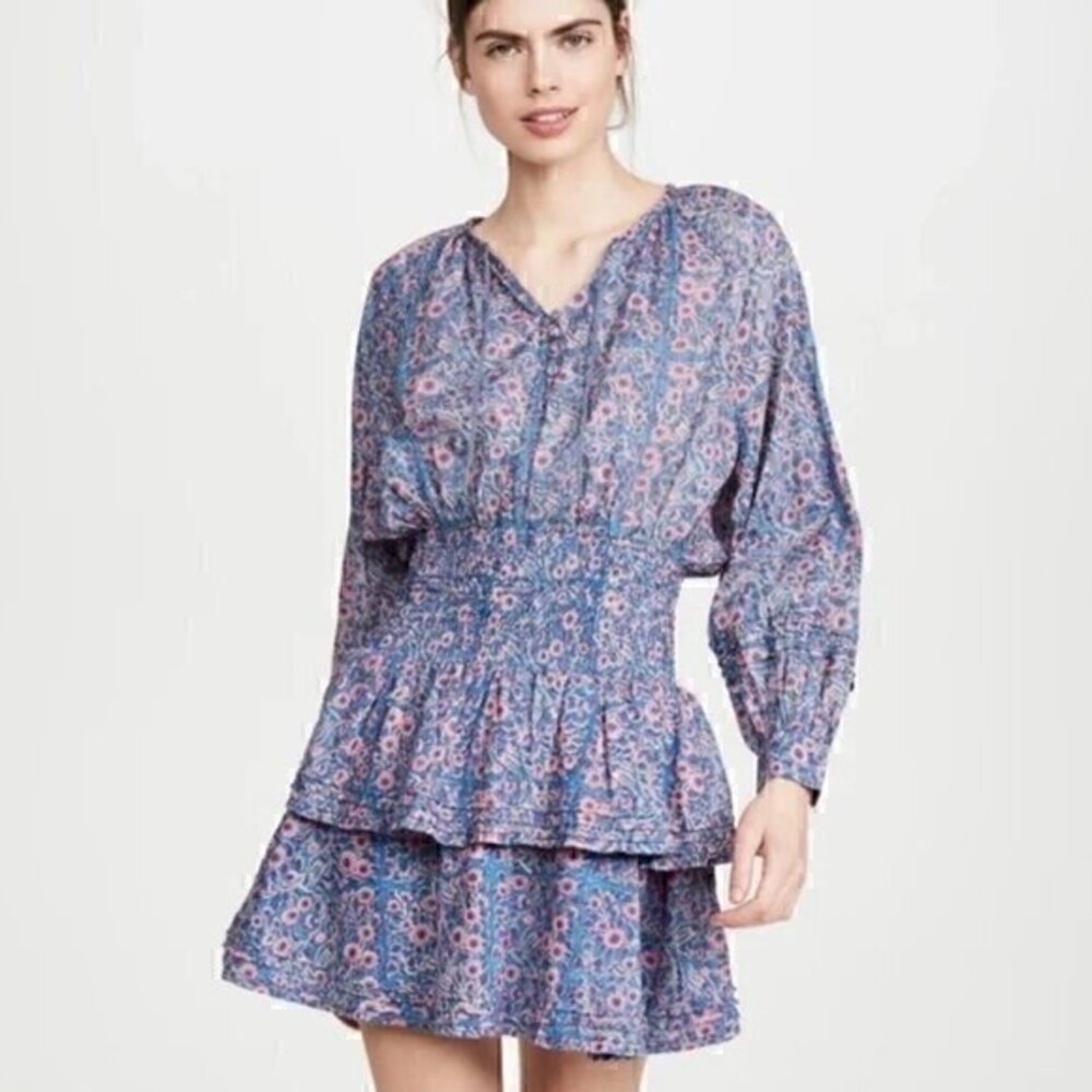 Cleobella Bianca Blue Purple Floral Indian Block Print Long Sleeve Mini Dress